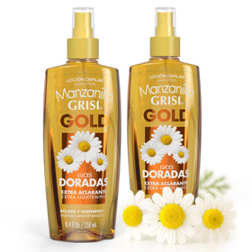 Manzanilla Grisi front packaging showing bottle and benefits for gentle lightening