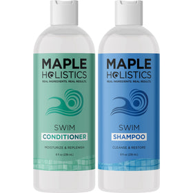 Maple Holistics set on a beach towel conveying post-swim restoration and refreshment