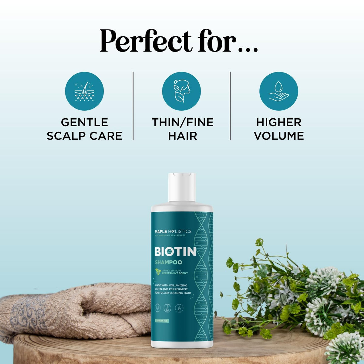 Maple Holistics bottle beside complementary hair products for routine