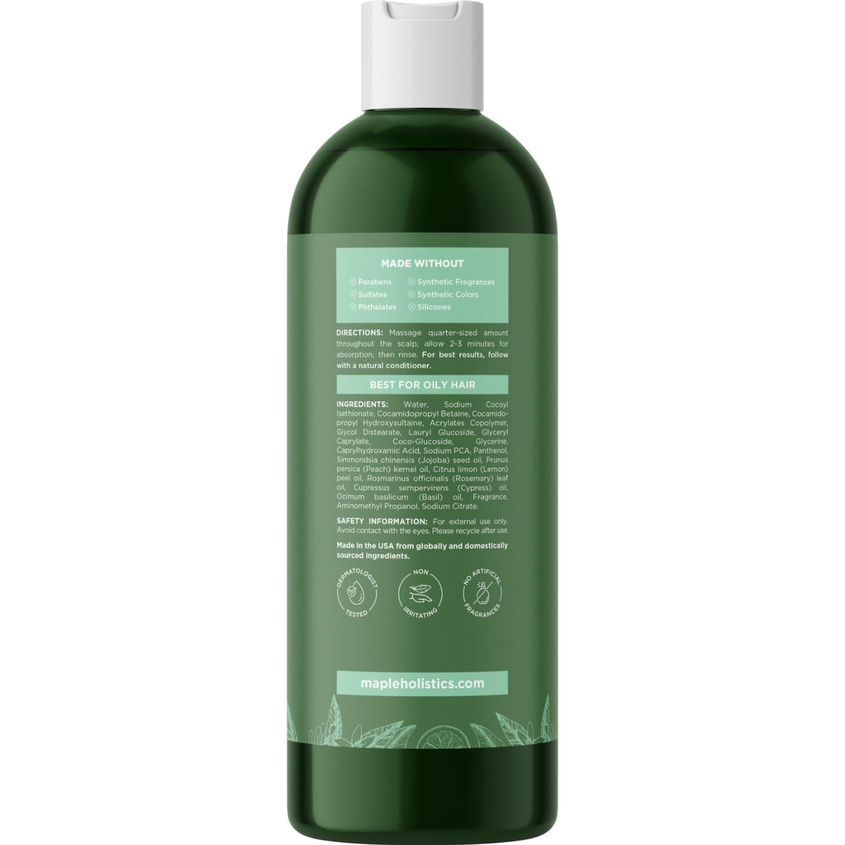Maple Holistics shampoo pouring near lemon oil drop for degreasing