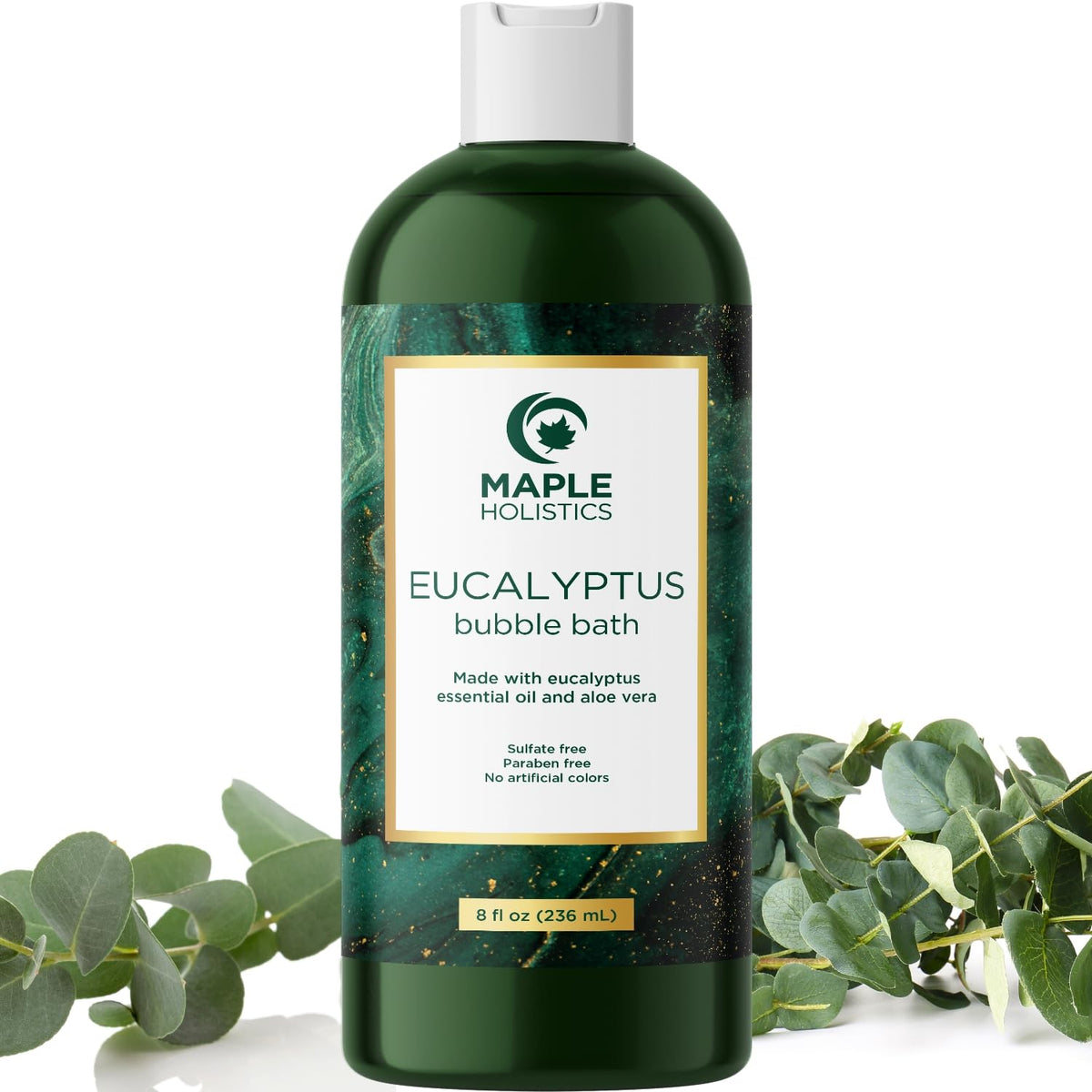 Maple Holistics front bottle showing eucalyptus label and calming benefits