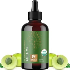 Maple Holistics front bottle of organic amla oil showing packaging and benefits