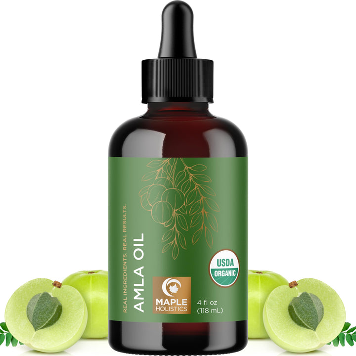 Maple Holistics front bottle of organic amla oil showing packaging and benefits