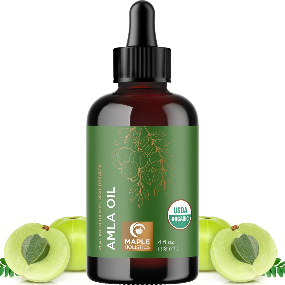 Maple Holistics front bottle of organic amla oil showing packaging and benefits