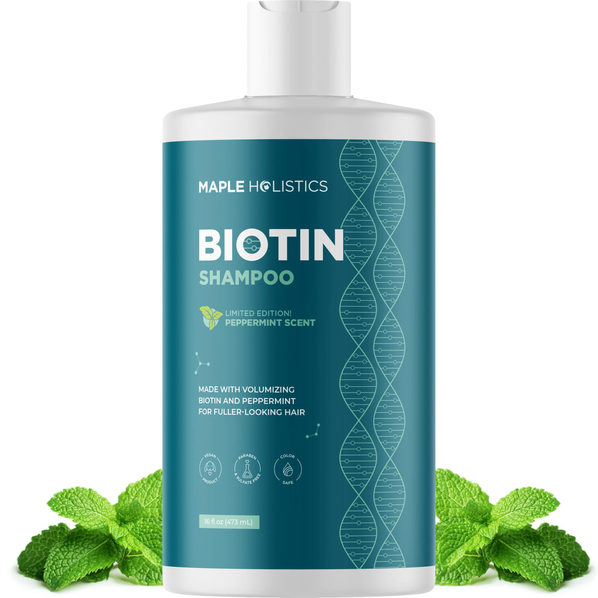 Maple Holistics front bottle showing volumizing biotin peppermint shampoo benefits