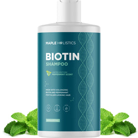 Maple Holistics front bottle showing volumizing biotin peppermint shampoo benefits