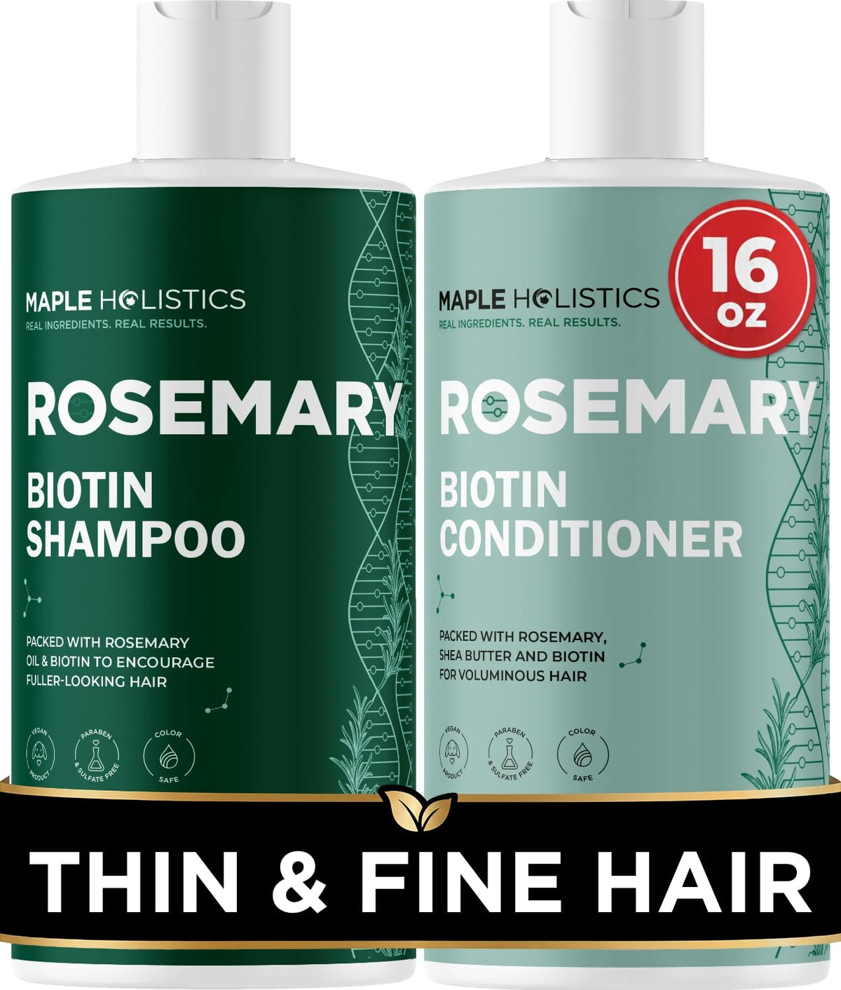 Maple Holistics front bottles showing set and clear benefits of volumizing