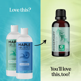 Maple Holistics shampoo and conditioner in bathroom being applied after swim for clarity