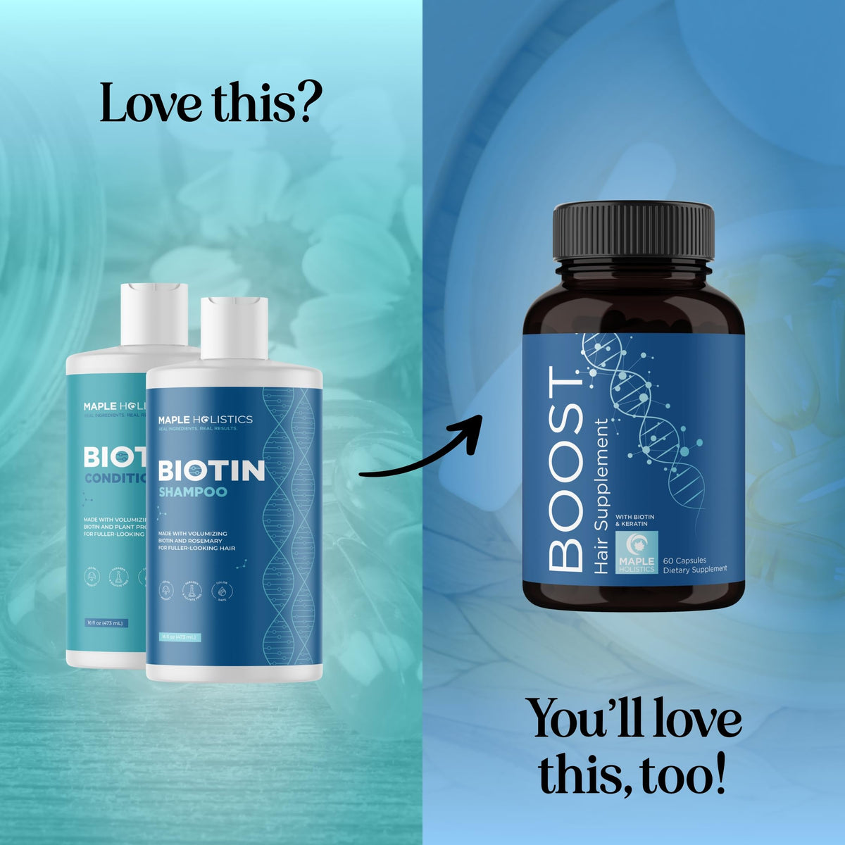 Maple Holistics rosemary and biotin ingredients display highlighting natural support