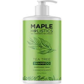 Maple Holistics bottle on bathroom shelf styled with towels