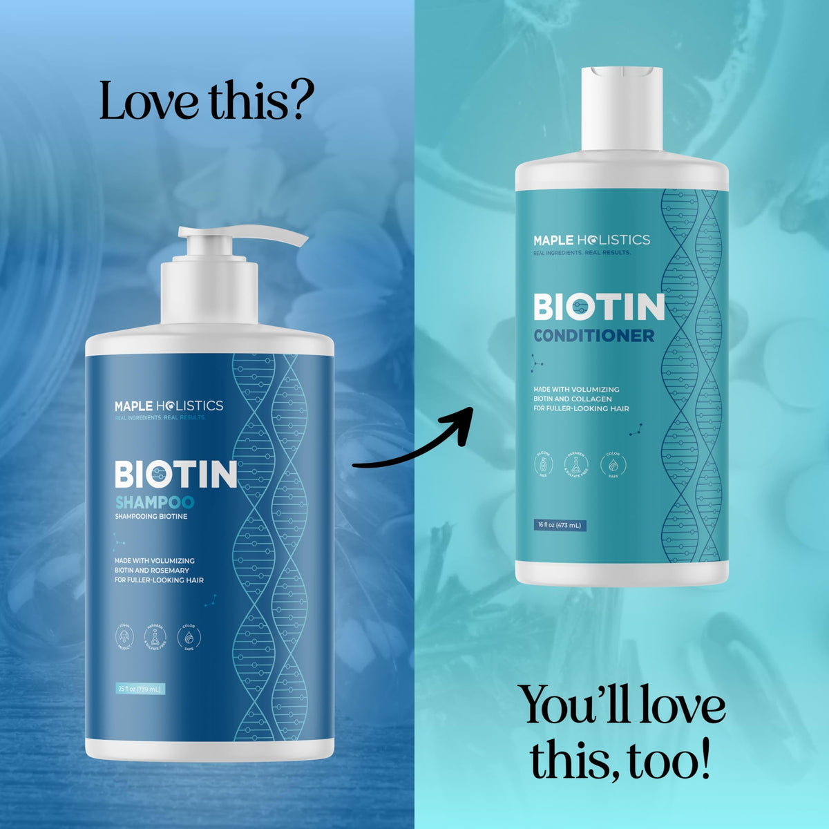 Maple Holistics rosemary and biotin ingredients arranged highlighting natural benefit