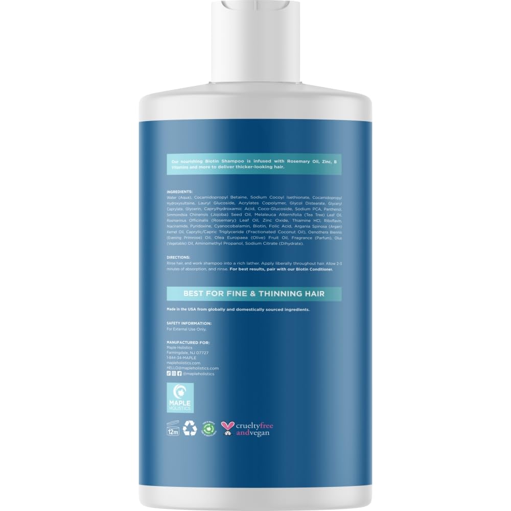 Maple Holistics shampoo next to argan oil coconut and rosemary illustrating natural nourishing ingredients