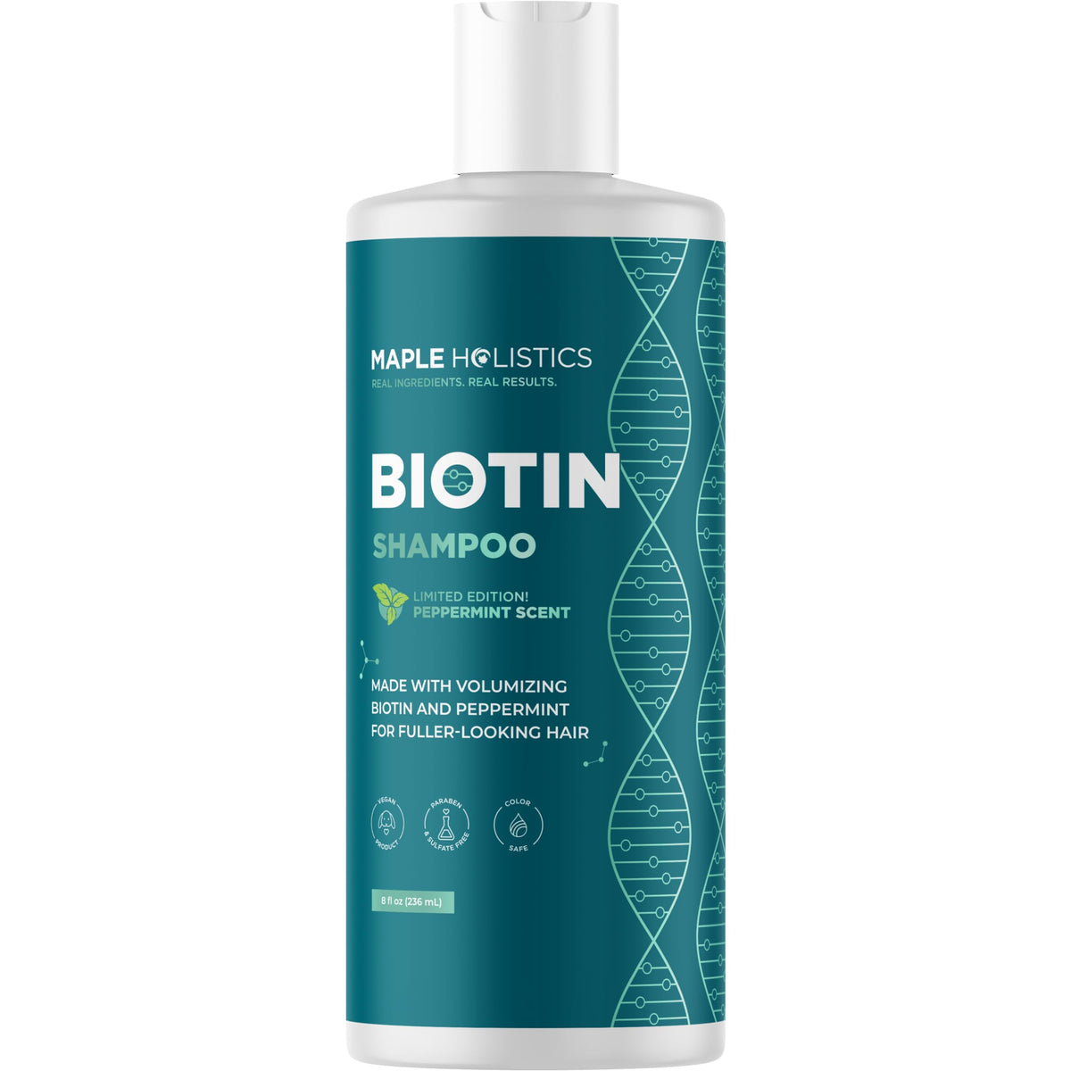 Maple Holistics bottle in hand demonstrating 8 fl oz scale