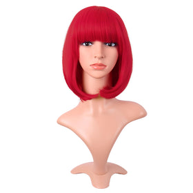 MapofBeauty front view bright red bob showing bold color and neat bangs, ideal for statement style