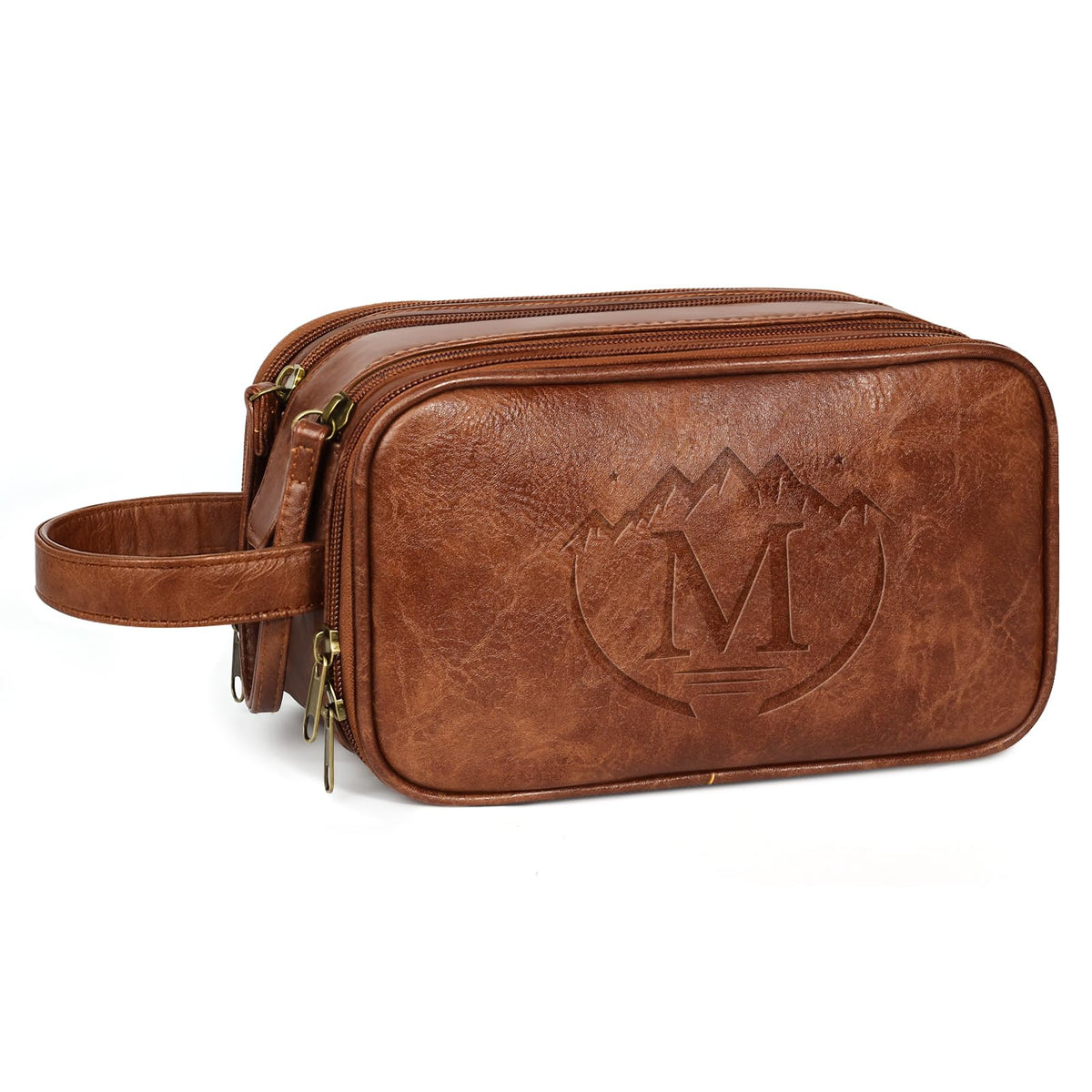MaqSacion front view of brown toiletry bag showing sleek silhouette and portability