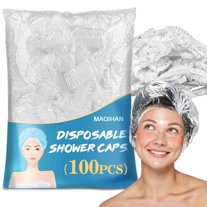 MAQIHAN front packaging of 100 large shower caps shows quantity and size benefit