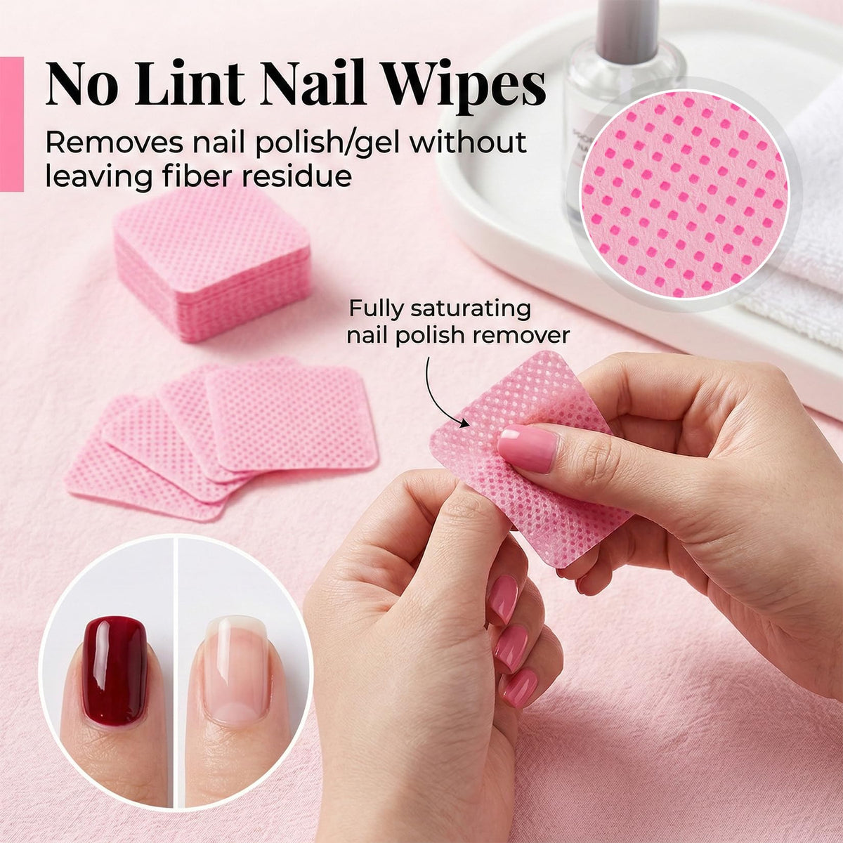MAQIHAN wipes beside nail tools showing clean, fiber-free tool maintenance