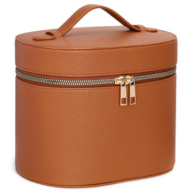 MaqSacion front view of brown vanity case showing shape and closure, durable protection