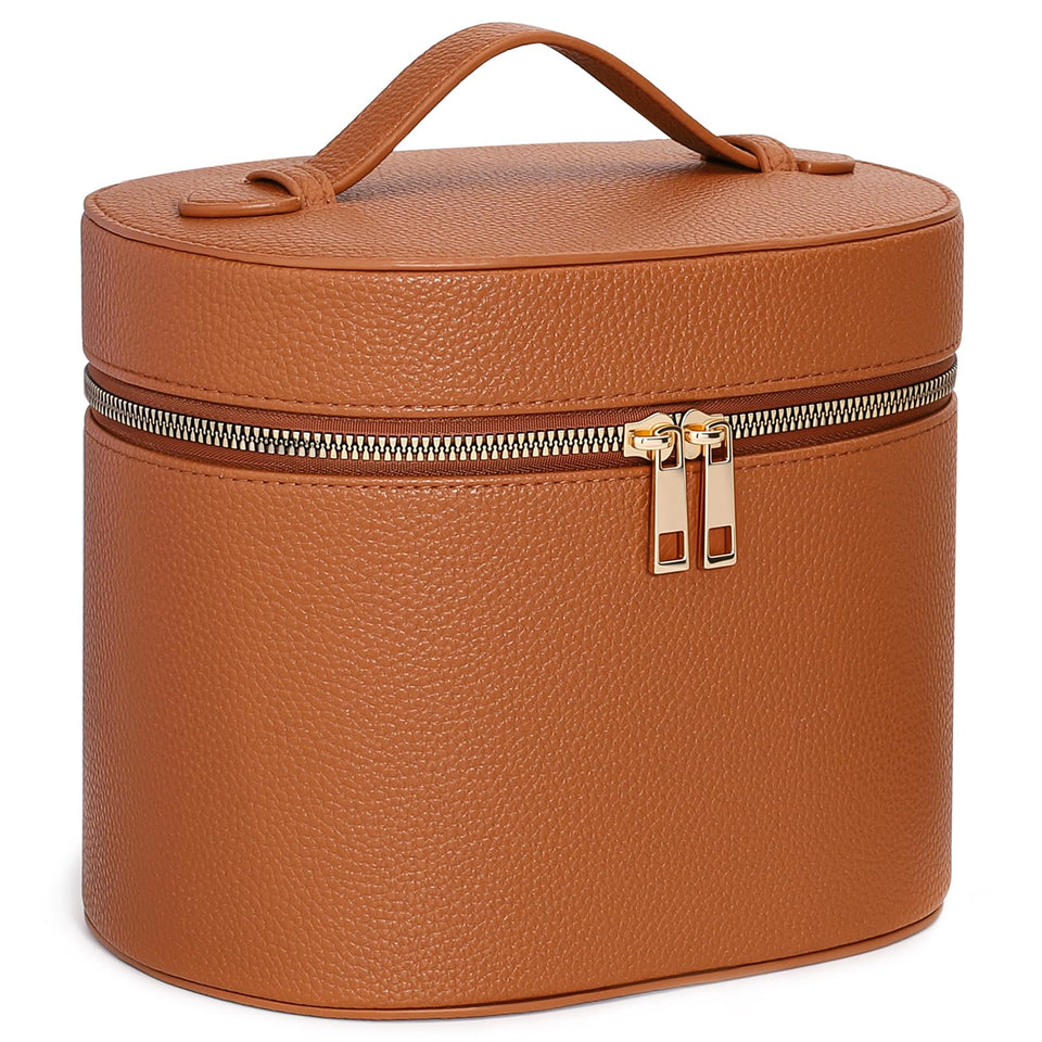 MaqSacion front view of brown vanity case showing shape and closure, durable protection