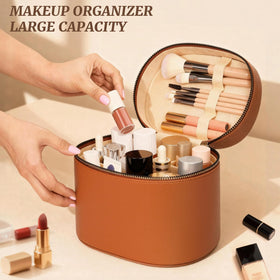 MaqSacion open satin-lined interior with organized cosmetics, gentle product protection