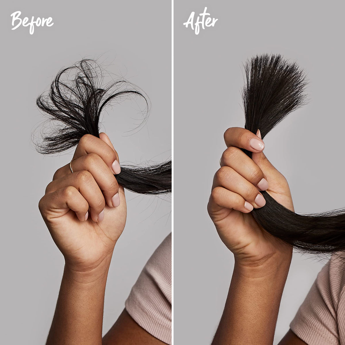 Marc Anthony hair before and after visual illustrating reduced breakage