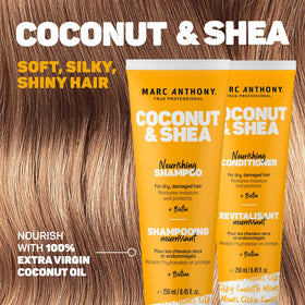Marc Anthony conditioner being applied to hair ends to show detangling and moisture