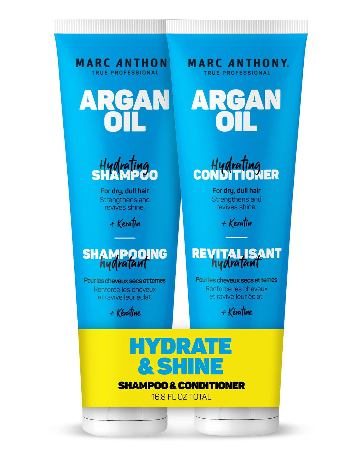 Marc Anthony front packaging showing both argan oil shampoo and conditioner, hydration boost