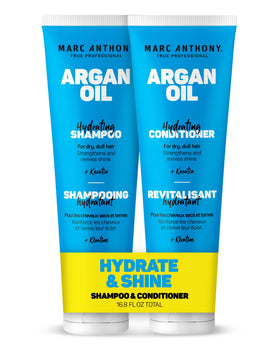 Marc Anthony front packaging showing both argan oil shampoo and conditioner, hydration boost