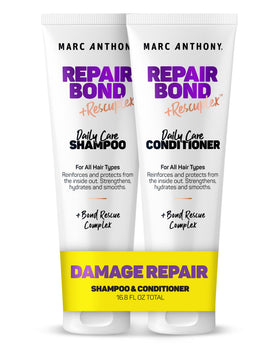 Marc Anthony front packaging of Repair Bond set shows both bottles, professional repair benefit