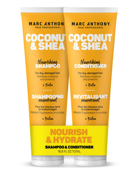 Marc Anthony front packaging showing shampoo and conditioner for quick identification and benefits