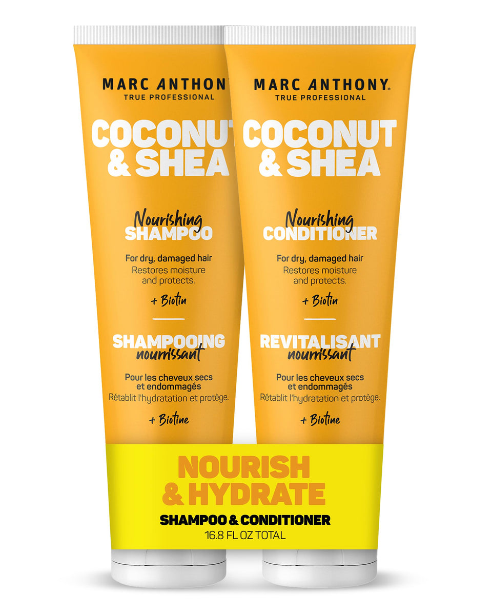 Marc Anthony front packaging showing shampoo and conditioner for quick identification and benefits