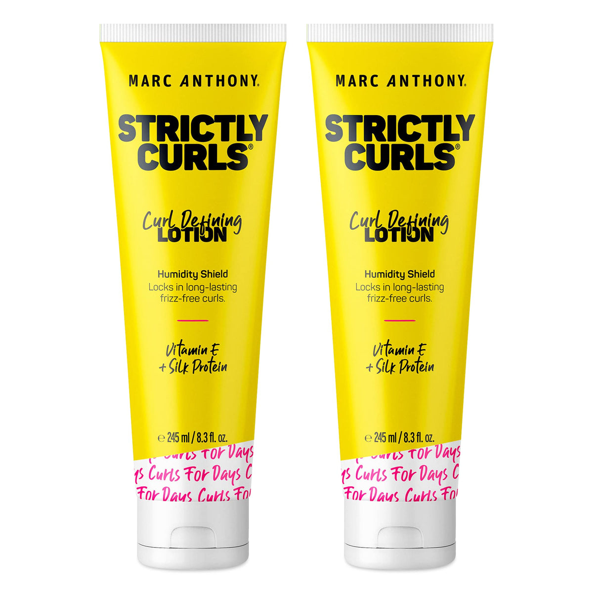 Marc Anthony front packaging showing two Strictly Curls bottles and clear branding benefit