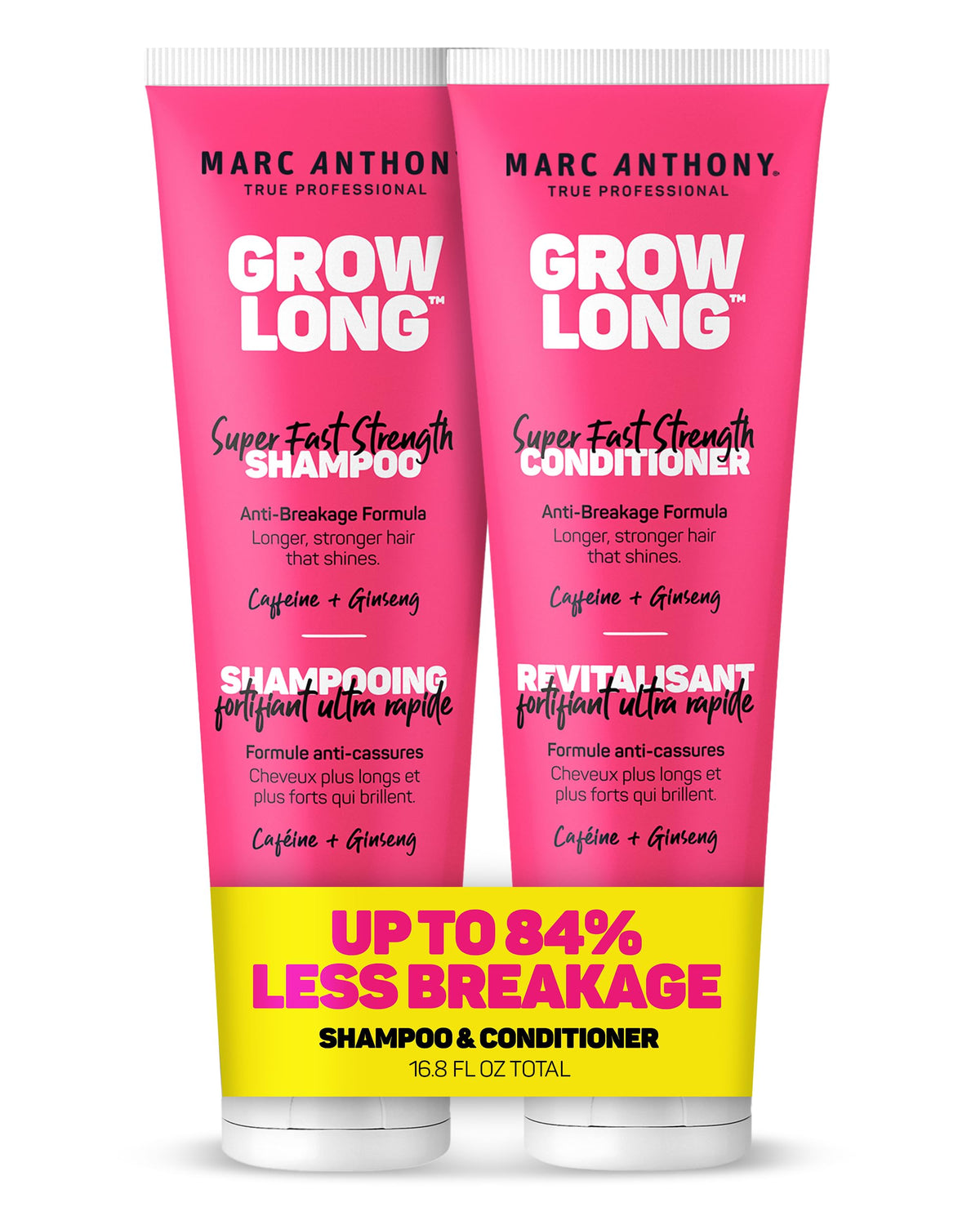 Marc Anthony front packaging showing shampoo and conditioner for longer, stronger hair