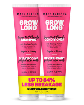 Marc Anthony front packaging showing shampoo and conditioner for longer, stronger hair