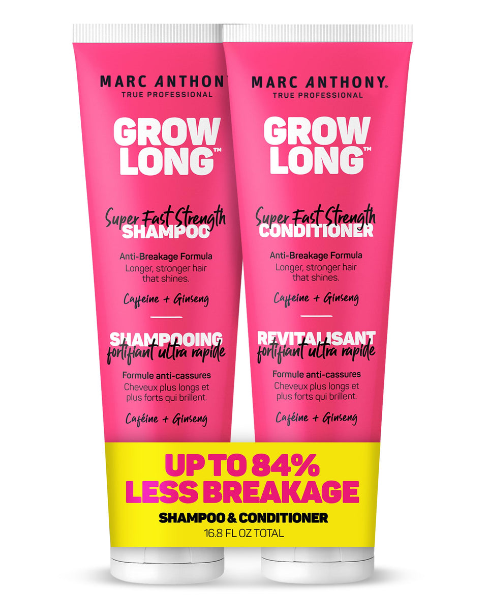 Marc Anthony front packaging showing shampoo and conditioner for longer, stronger hair