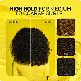 Marc Anthony jar held by hands next to defined curls for styling scale