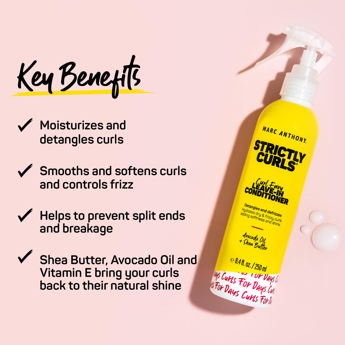 Close-up of liquid texture highlighting Marc Anthony formula slip for easier detangling