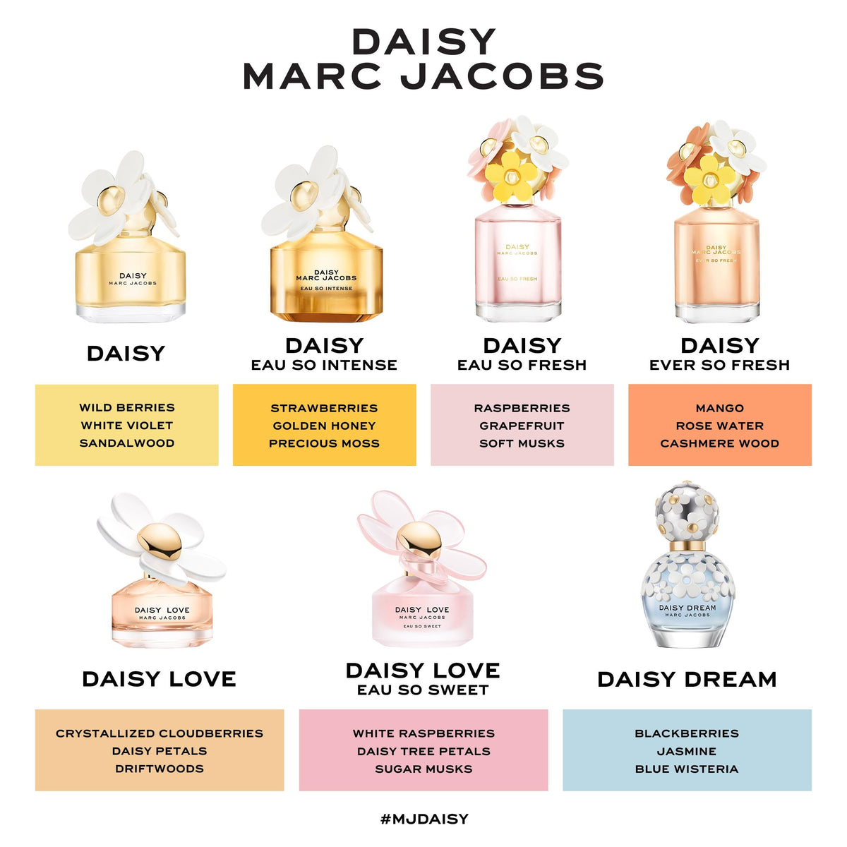 Marc Jacobs Daisy Love with cloudberries and daisy petals illustrating key notes benefit: scent profile clarity