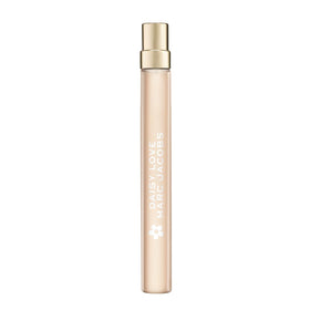 Marc Jacobs Daisy Love travel spray front view showing compact design and floral motif benefit: portable scent