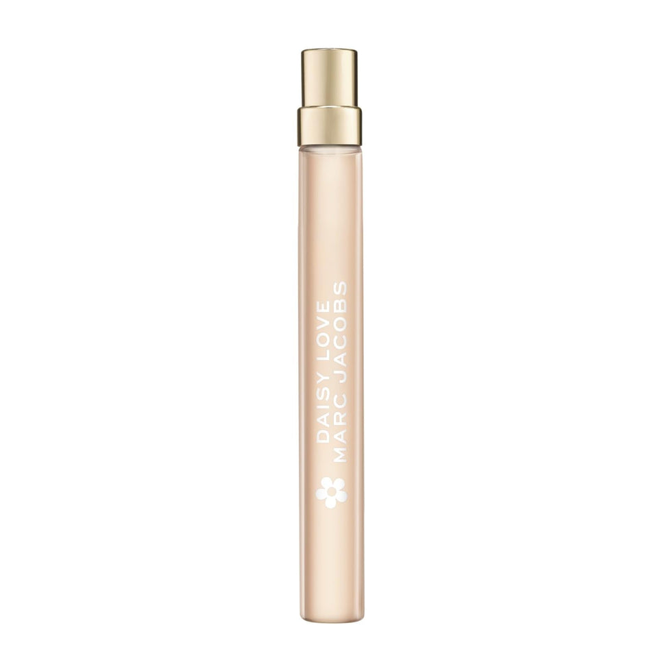 Marc Jacobs Daisy Love travel spray front view showing compact design and floral motif benefit: portable scent