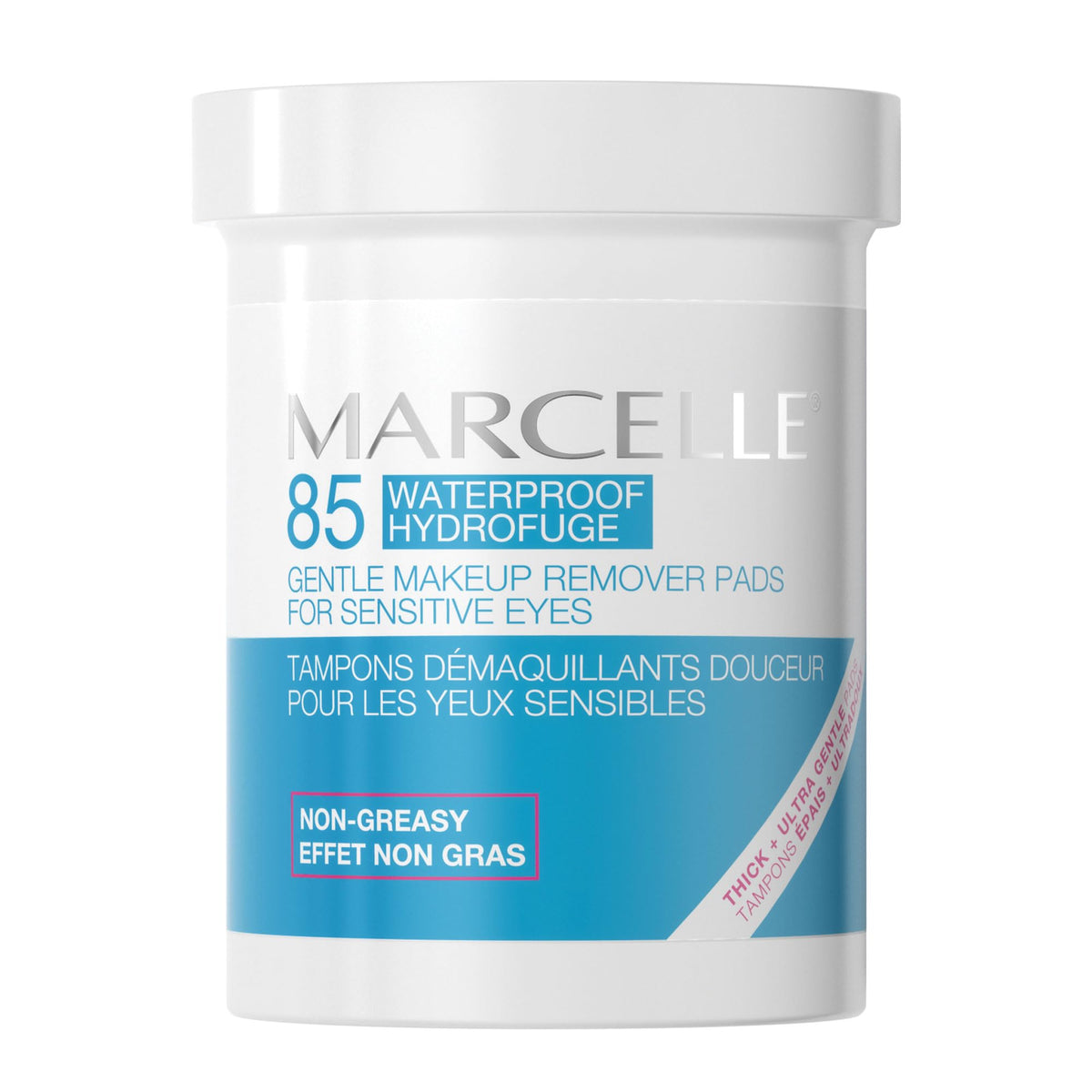 Marcelle front packaging showing pack of 85 pads and product benefits for gentle removal