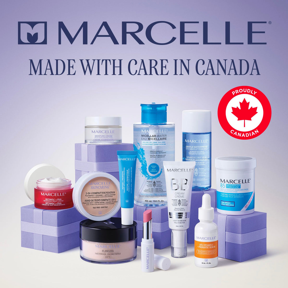 Marcelle pack beside everyday items showing 85 pads travel-friendly convenience and value