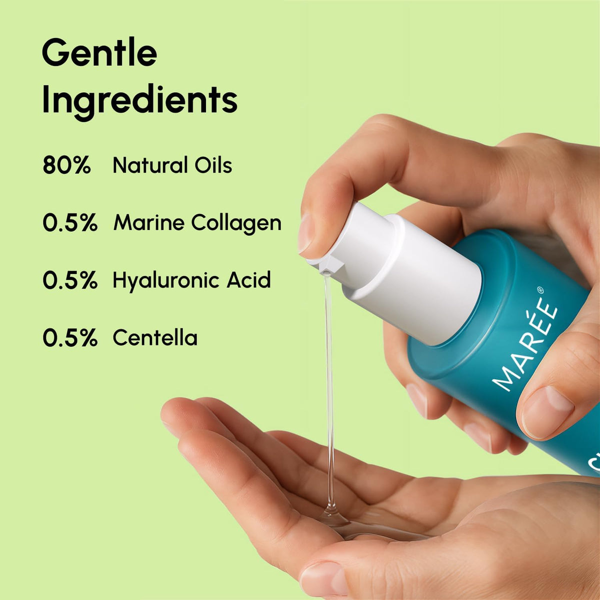 MAREE closeup label highlighting centella and collagen benefits for soothing skin