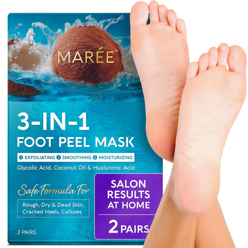 MAREE front packaging of foot peeling mask showing product name and benefits