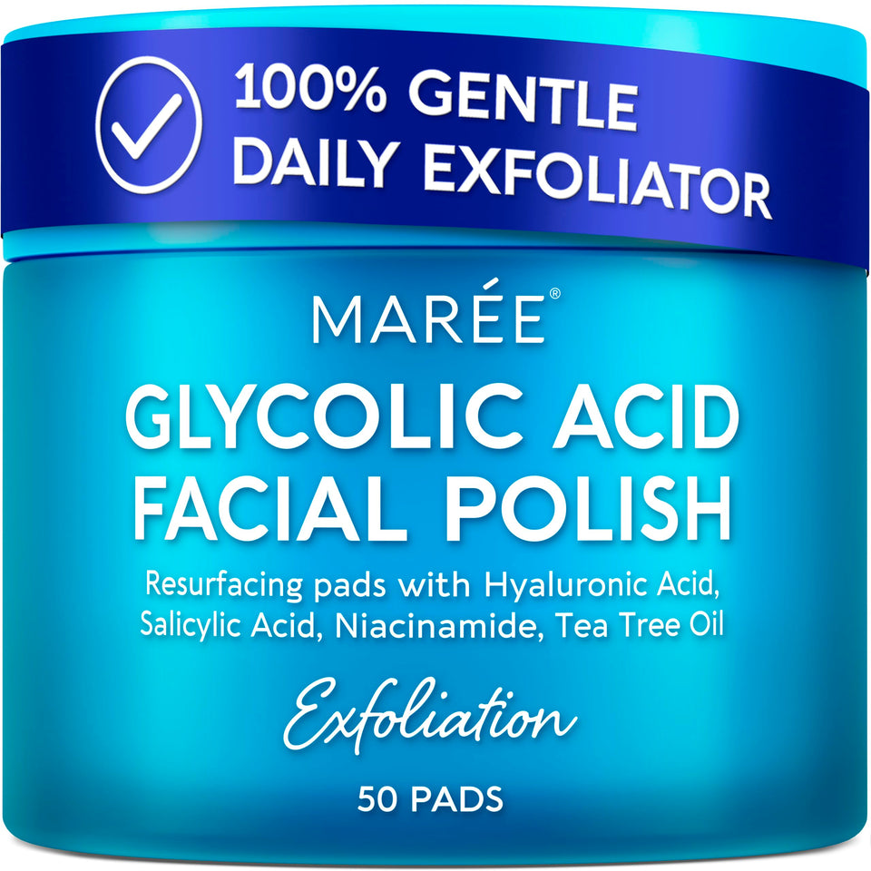MAREE front packaging showing 50 glycolic acid pads and clear benefits