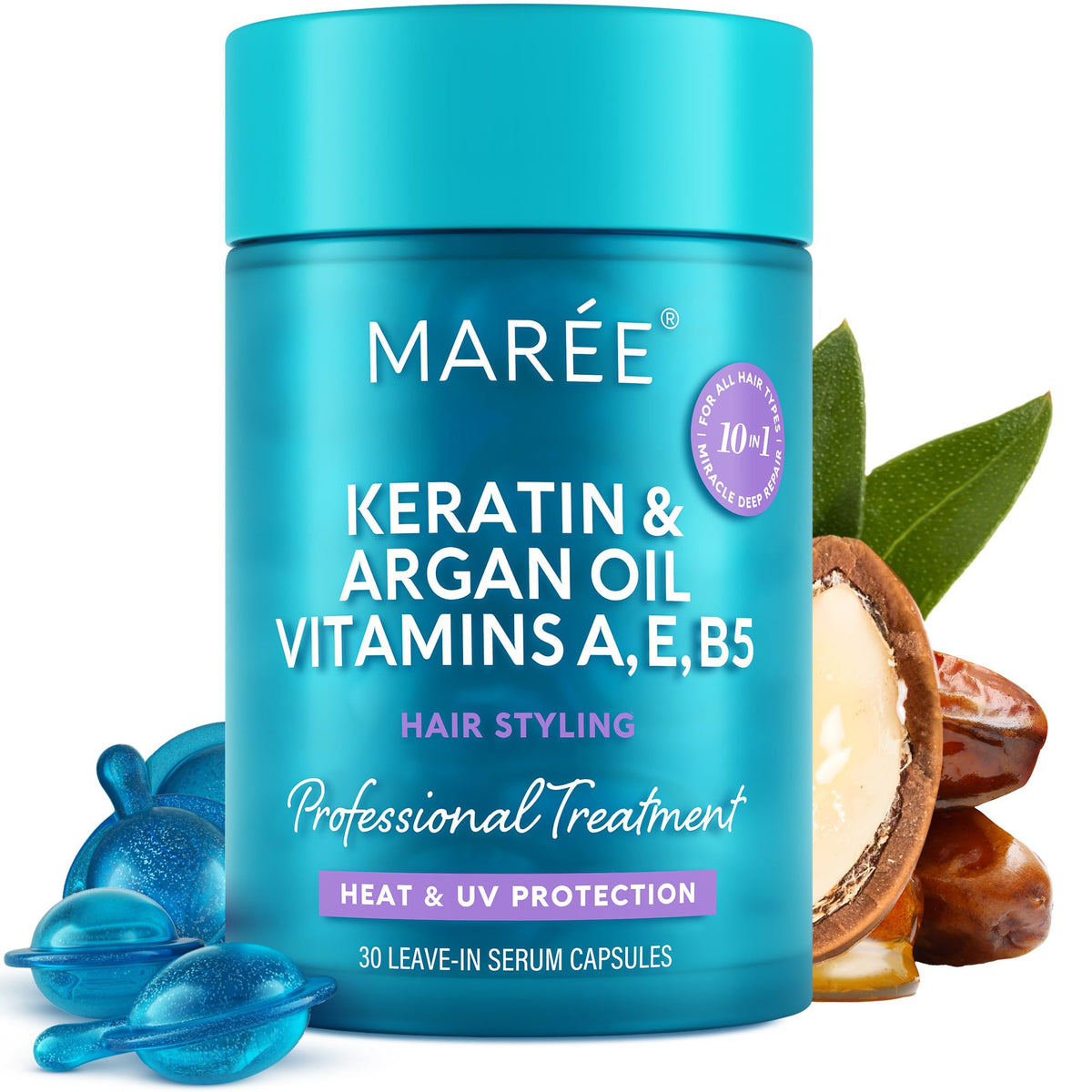 MAREE front packaging showing the hair serum bottle and label delivering sleek styling