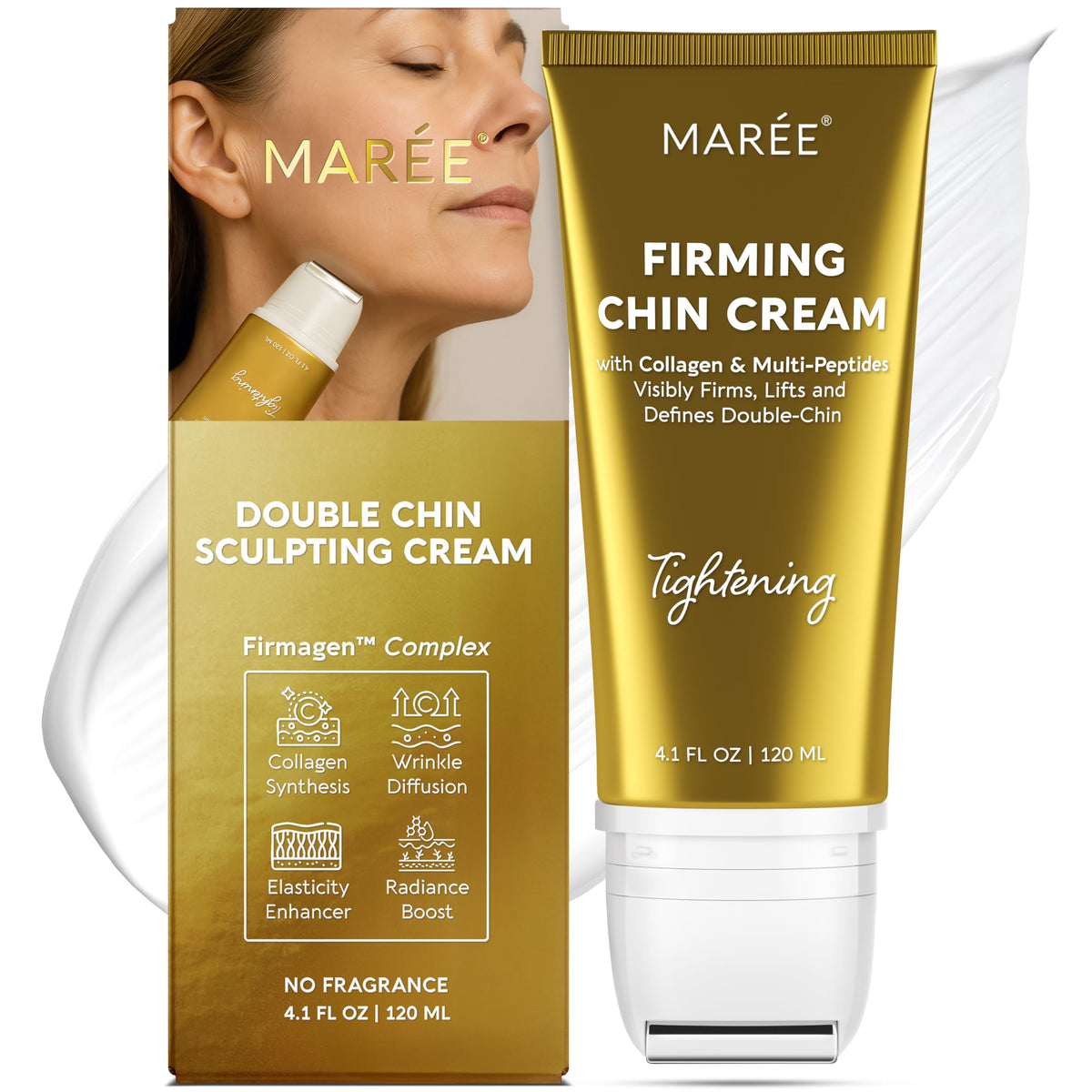 MAREE front packaging of neck cream with roller shows compact bottle and applicator benefits