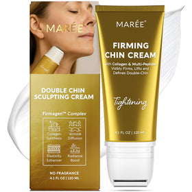 MAREE front packaging of neck cream with roller shows compact bottle and applicator benefits