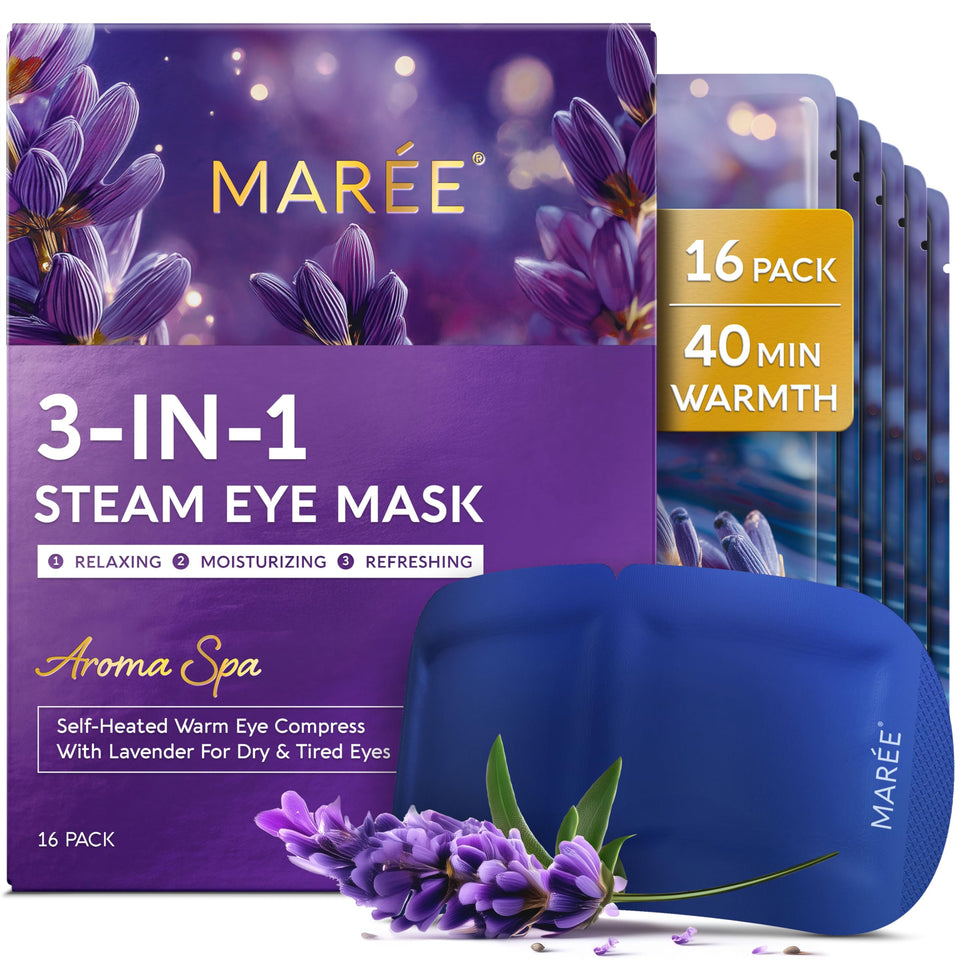 MAREE front packaging showing sealed steam eye mask and benefits