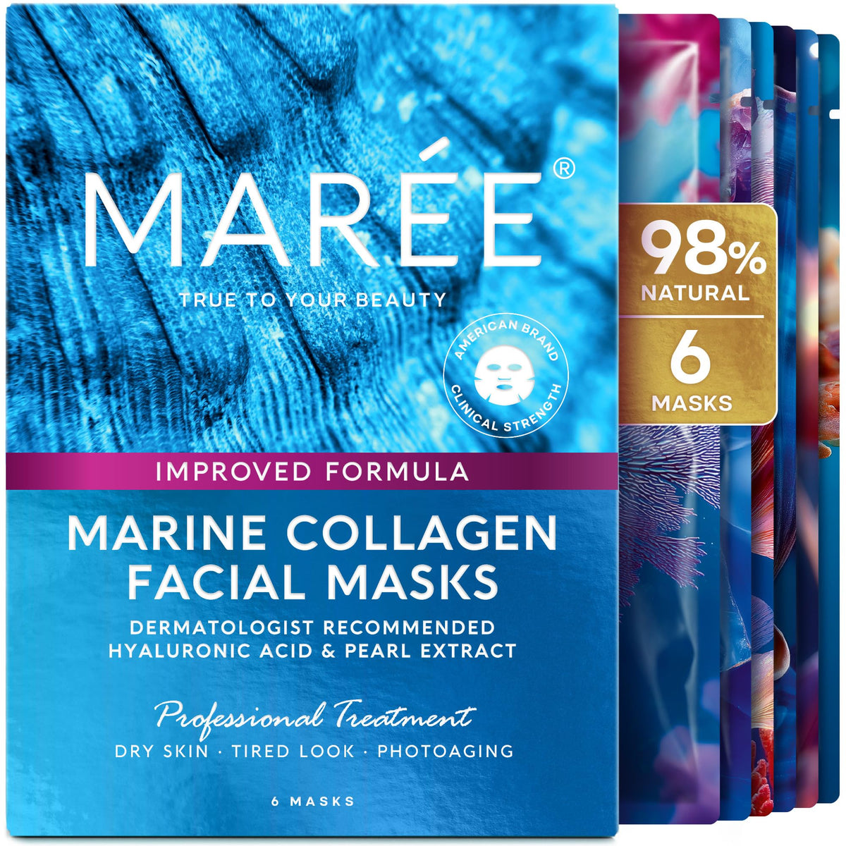 MAREE front packaging showing six hydrating sheet masks for convenient home spa